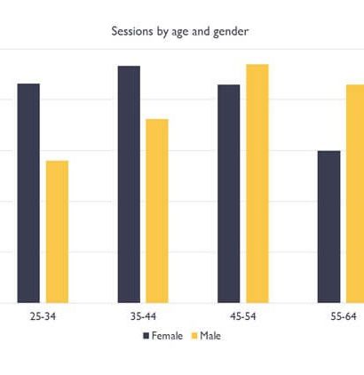 Bar chart showing sessions by age and gender, comparing female and male percentages across different age groups.