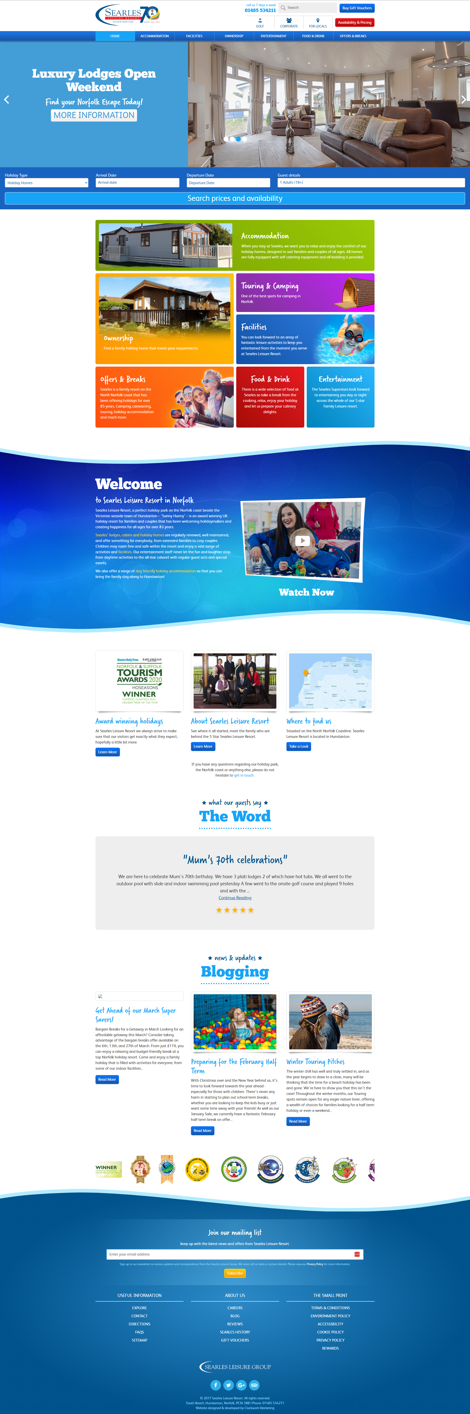 Homepage of Searles Leisure Resort website, showcasing accommodation, facilities, offers, and family activities in Norfolk.