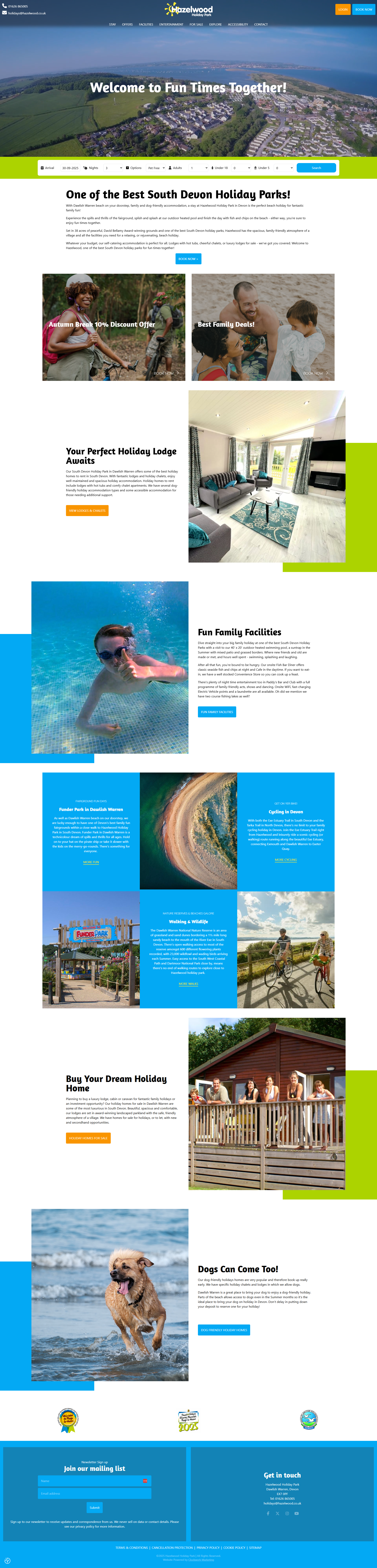 Hazelwood Holiday Park's homepage featuring scenic aerial views, family highlights, lodges, pool facilities, and pet-friendly information.
