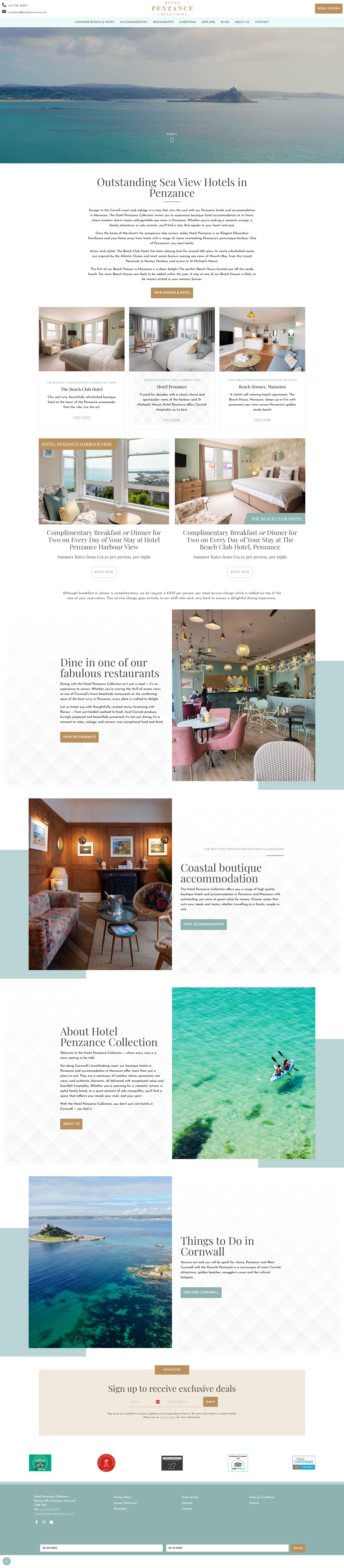 Hotel Penzance website homepage featuring sea view and hotel room images