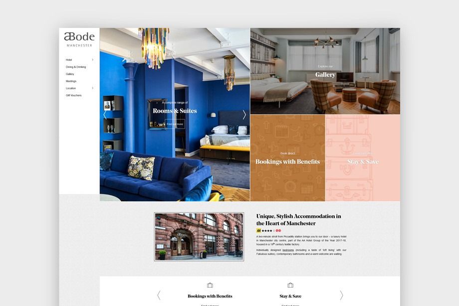 Abode Manchester hotel website homepage showcasing rooms, gallery, and booking options