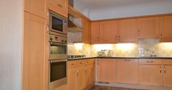 Modern kitchen with light wood cabinets, stainless steel appliances, and tile backsplash