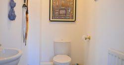 A small cloakroom with a toilet, sink, umbrellas, and framed nautical knots on the wall.