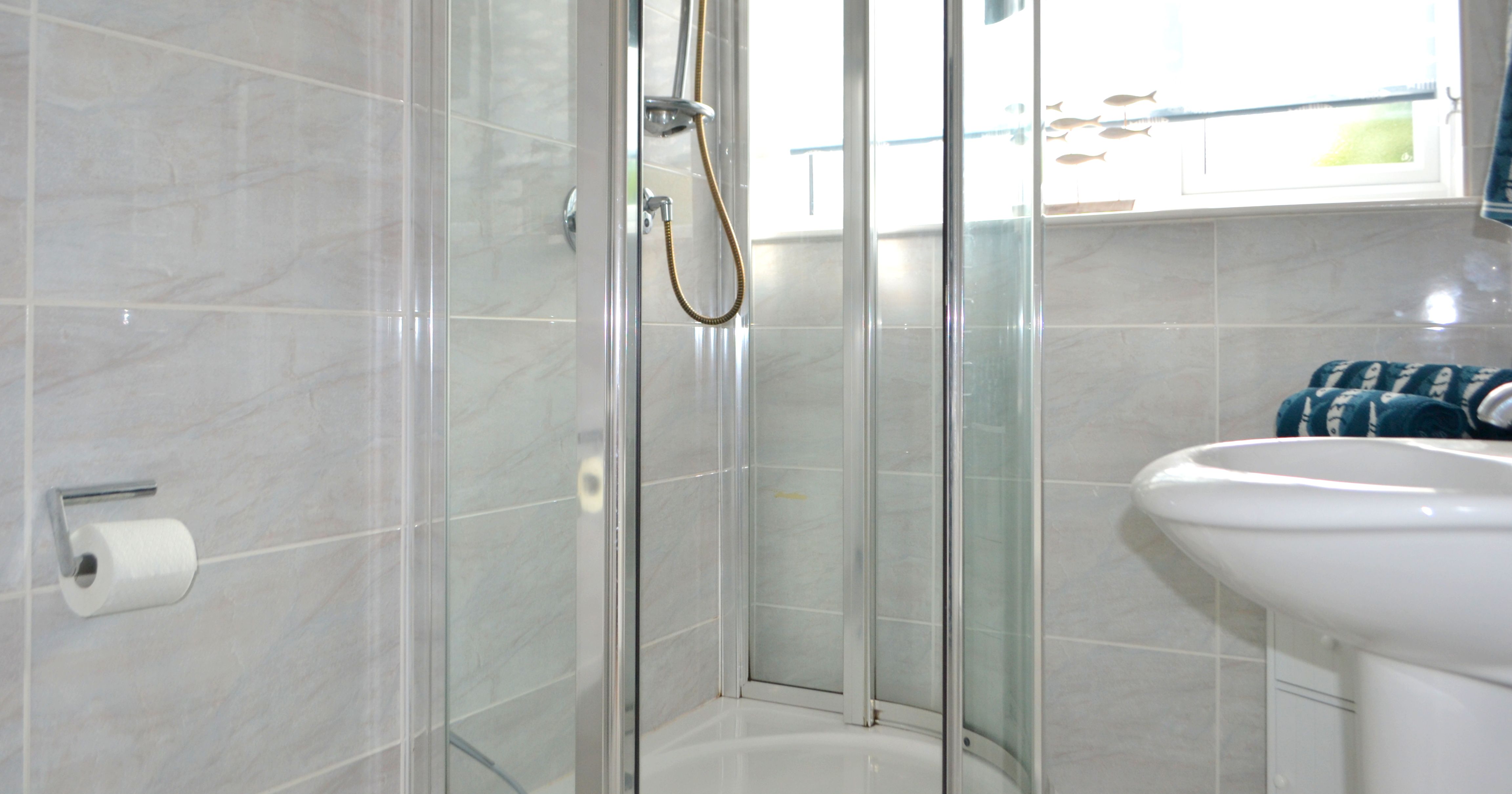 Modern bathroom with a glass shower enclosure and sink