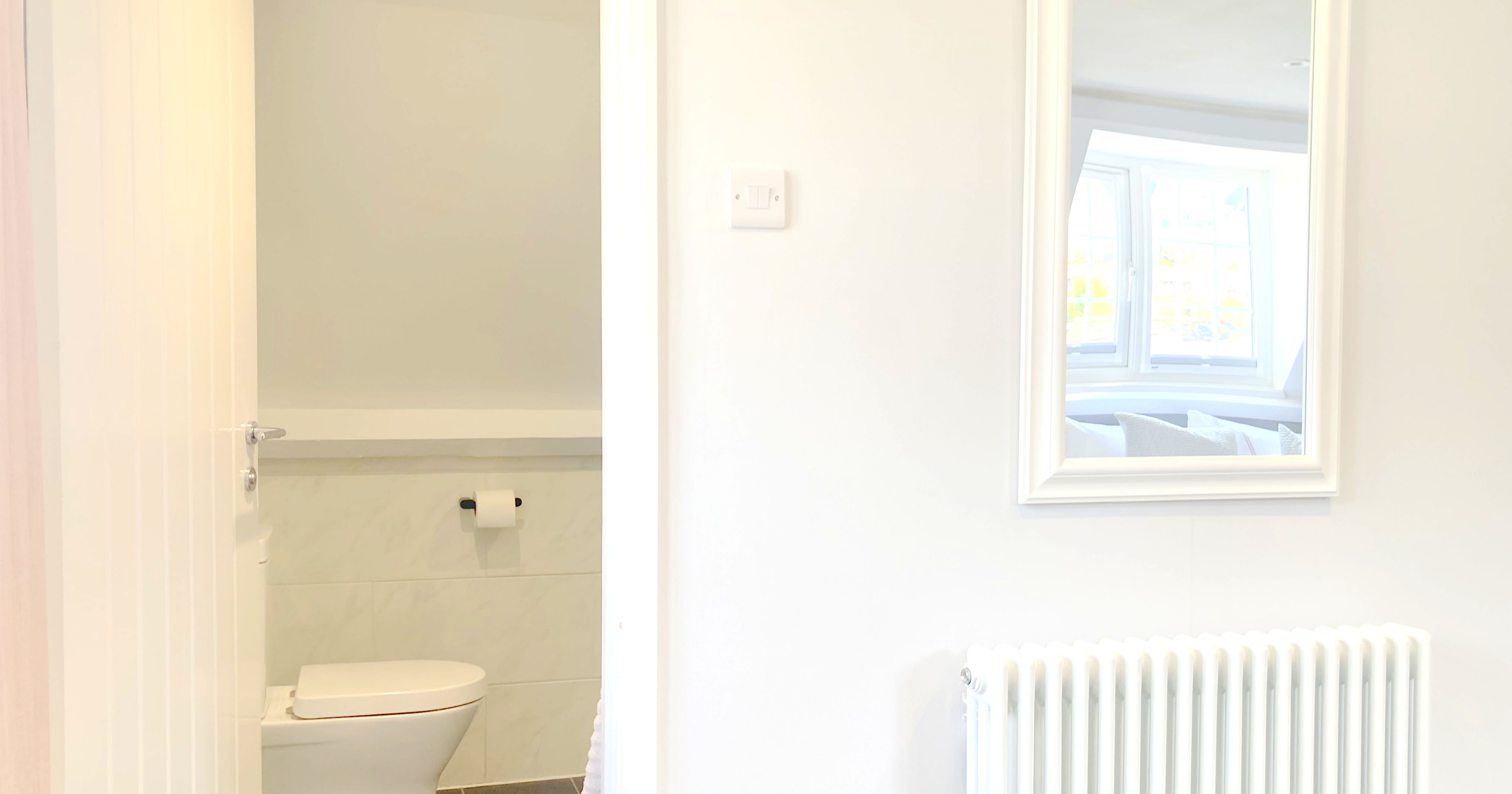 Modern bathroom with white toilet, open door, wall mirror, radiator, and reflection of a window in the mirror.