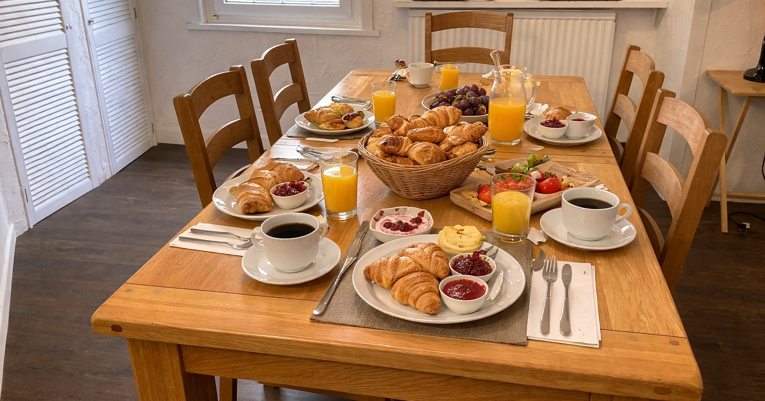 Continental breakfast spread with croissants, coffee, orange juice and fruit on an oak table.