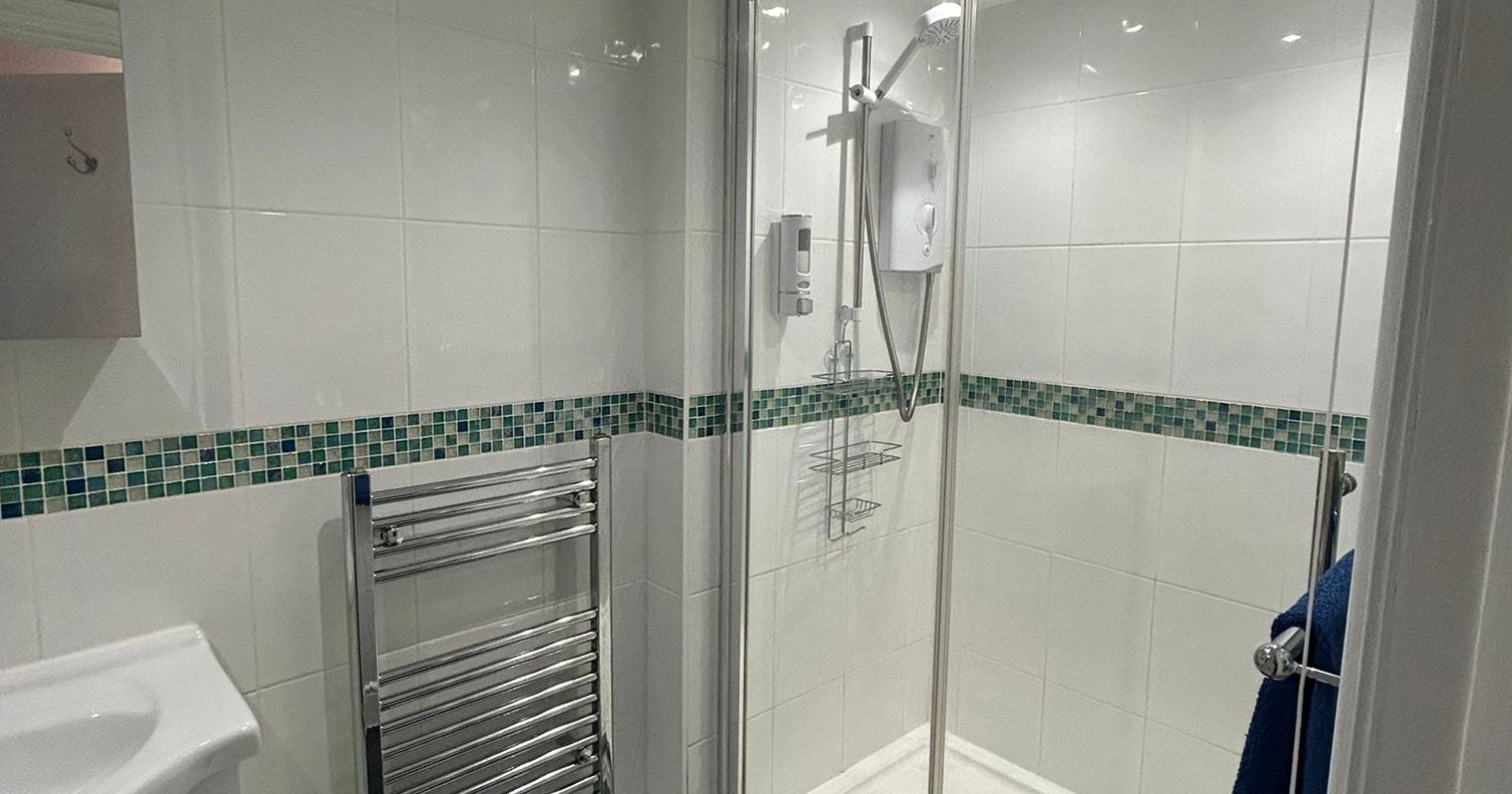 Modern white bathroom with walk-in shower, stainless steel towel heater, and blue decorative tiles