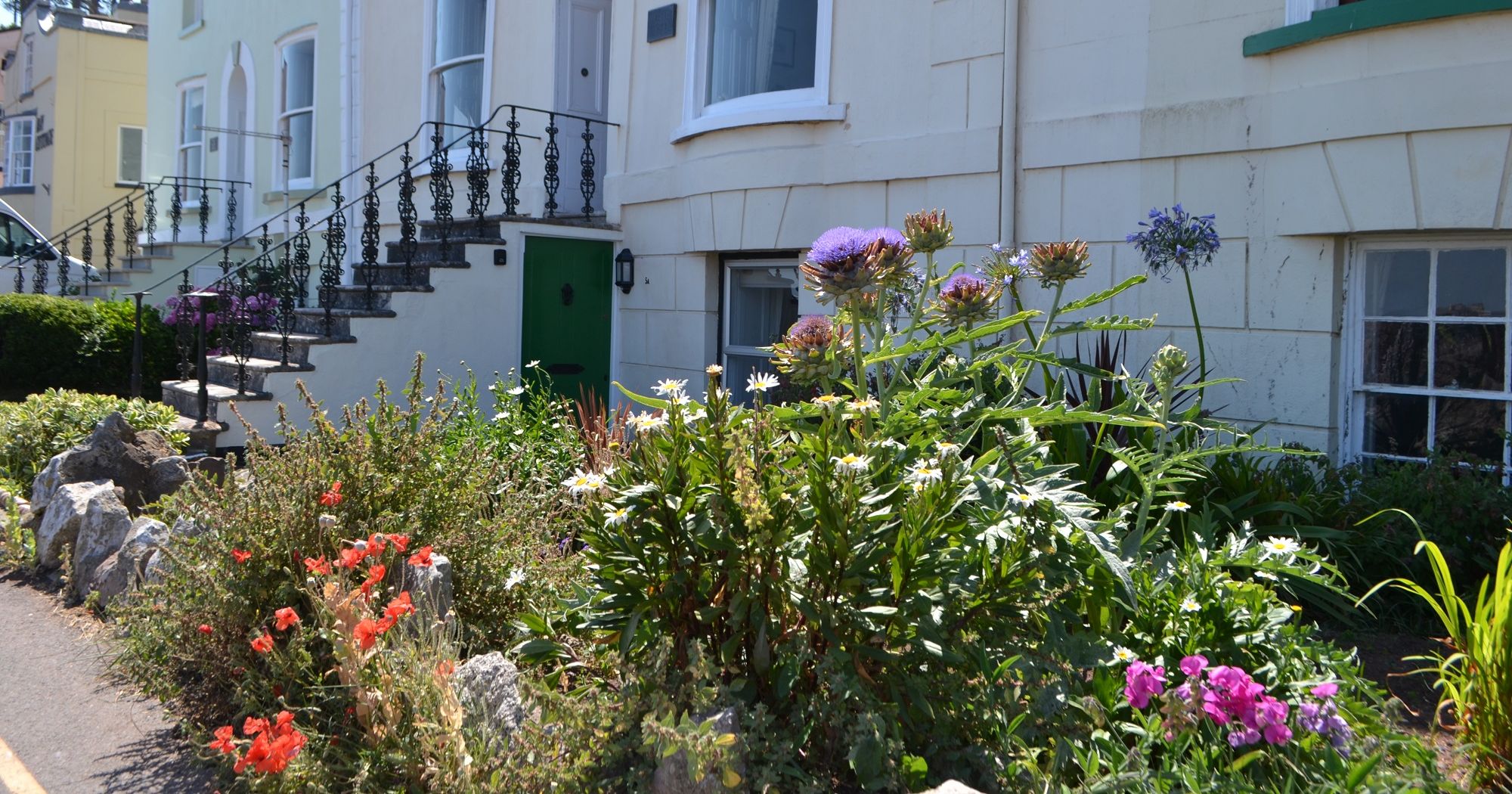 Colorful flower garden in front of pastel-colored townhouses with iron railings and stone steps.