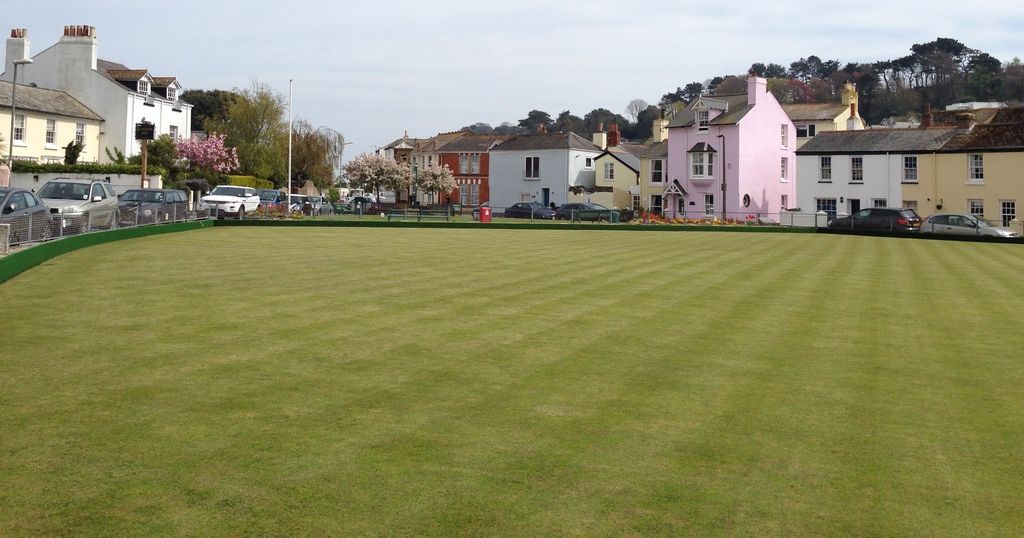 Shaldon bowling green with well-kept grass, surrounded by residential houses including a prominent pink house, under a partly cloudy sky.