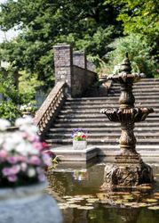 Fountain and flowers by exterior steps