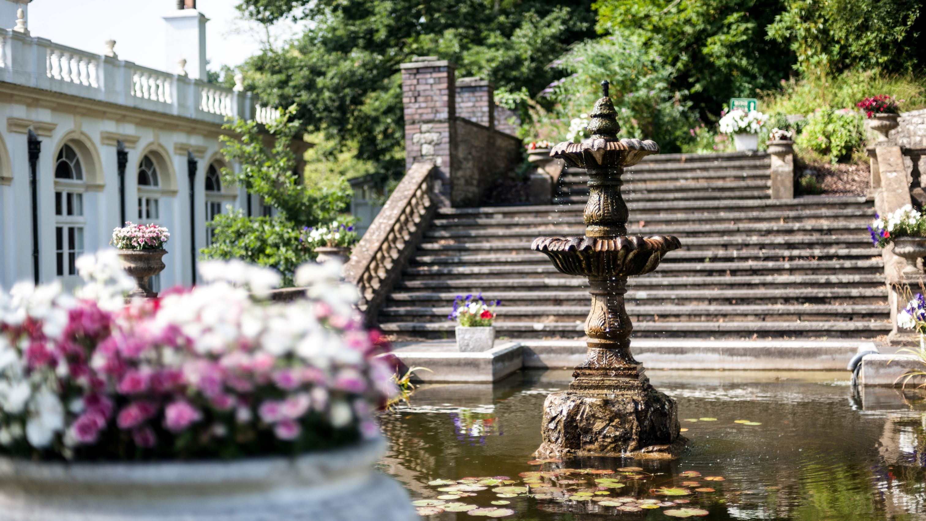 Fountain and flowers by exterior steps