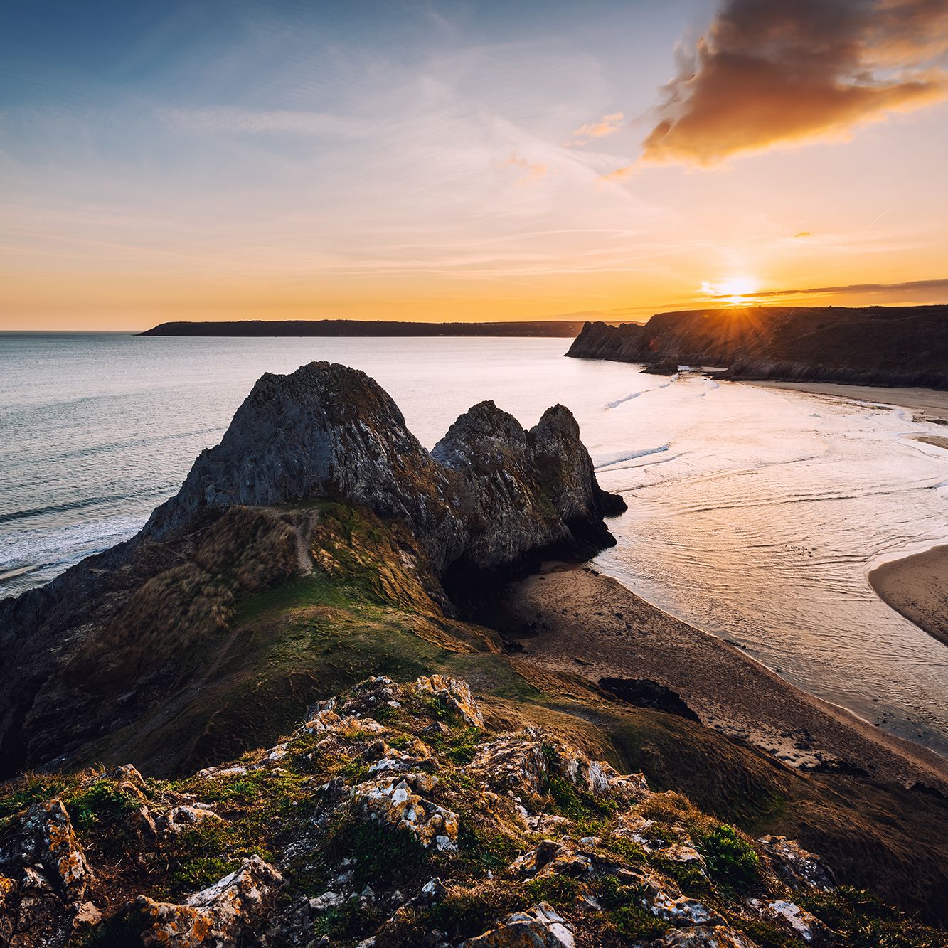 Sunset at Three Cliffs Bay, Gower, Peninsula, Swansea, South Wales
