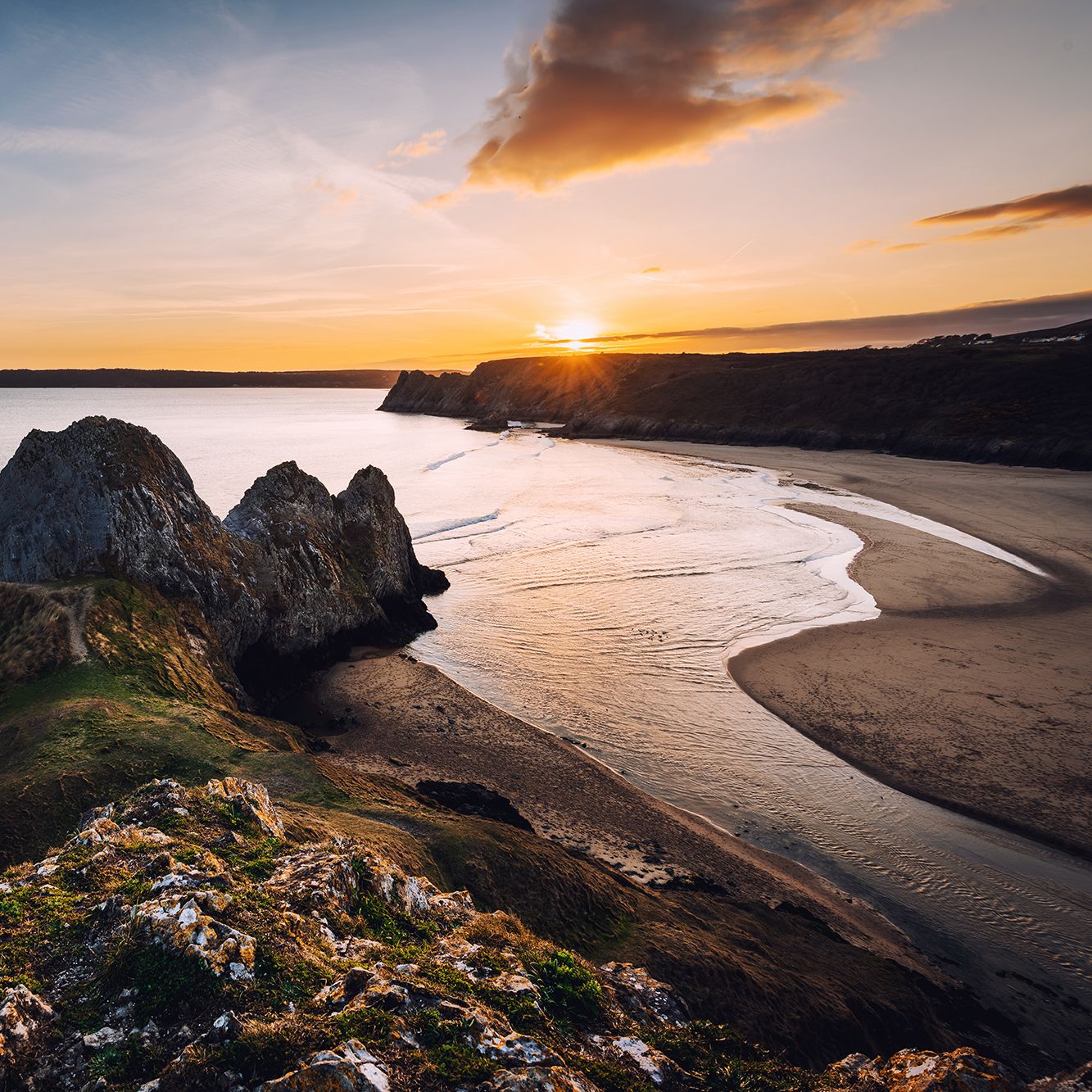 Sunset at Three Cliffs Bay, Gower, Peninsula, Swansea, South Wales