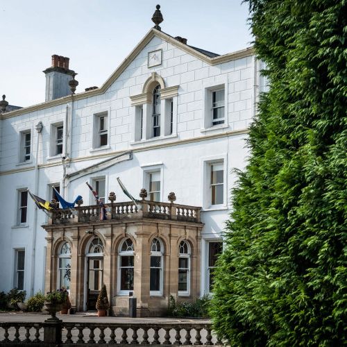 Front view of white building