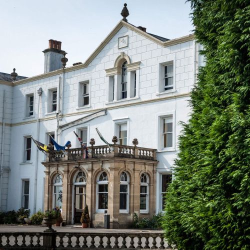 Front view of white building