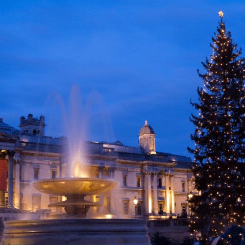Front View of fountain and Christmas tress in front of the manor