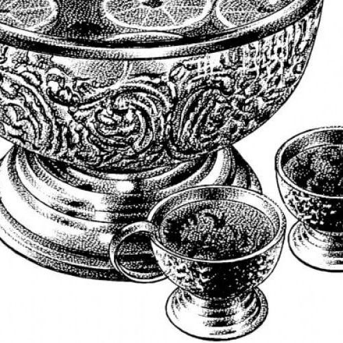 Black and White picture of a traditional Welsh bowl and two cups