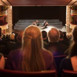 An audience watches a live string quartet performance in an ornate theatre, with warm lighting highlighting the elegant balconies and classical stage setting.