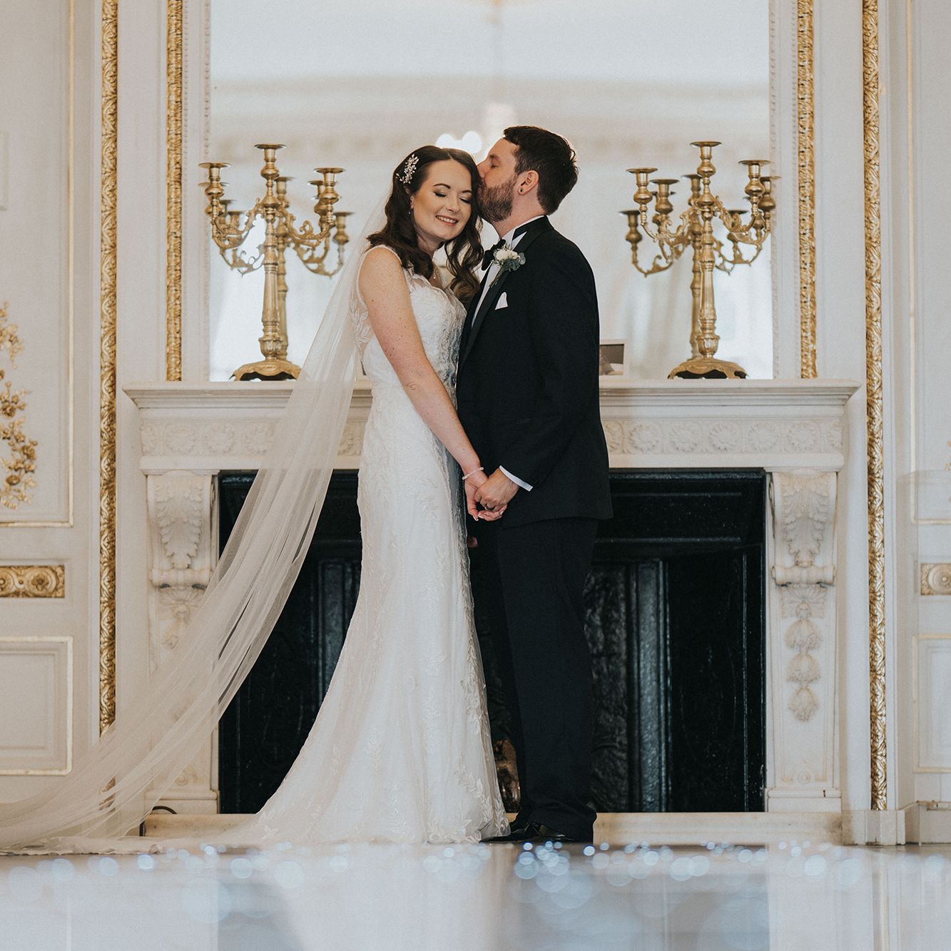 Bride and groom in ballroom
