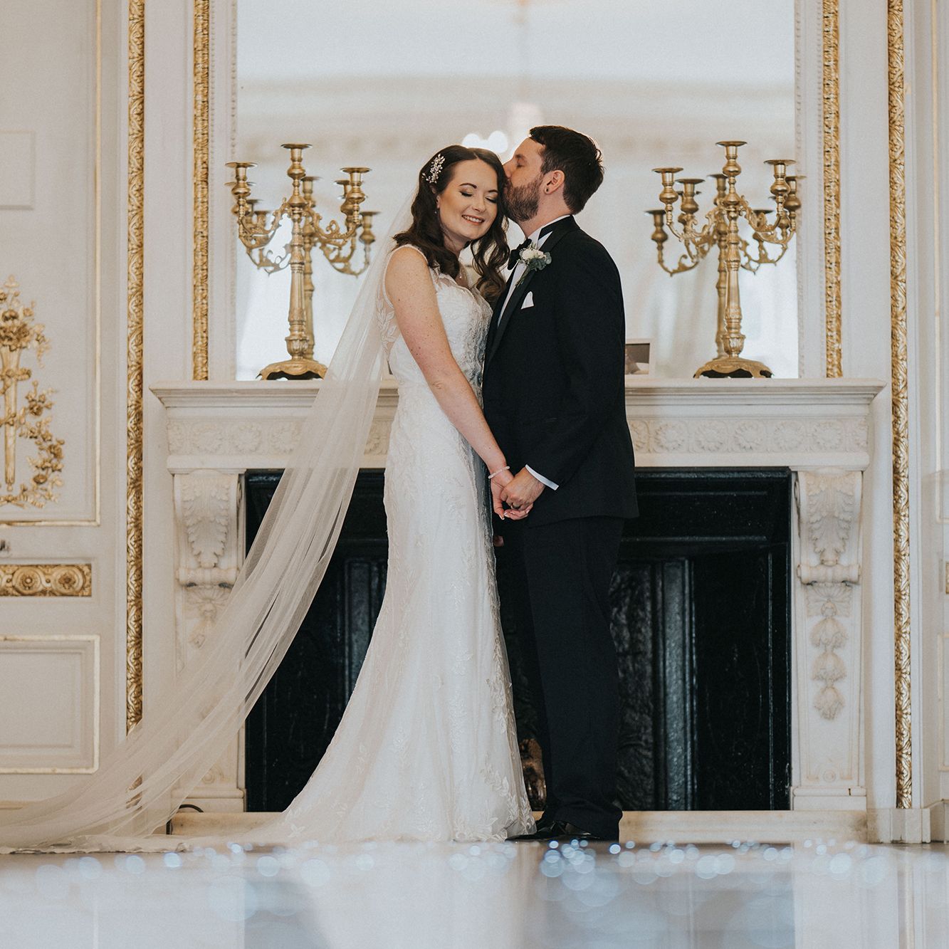 Bride and groom in ballroom