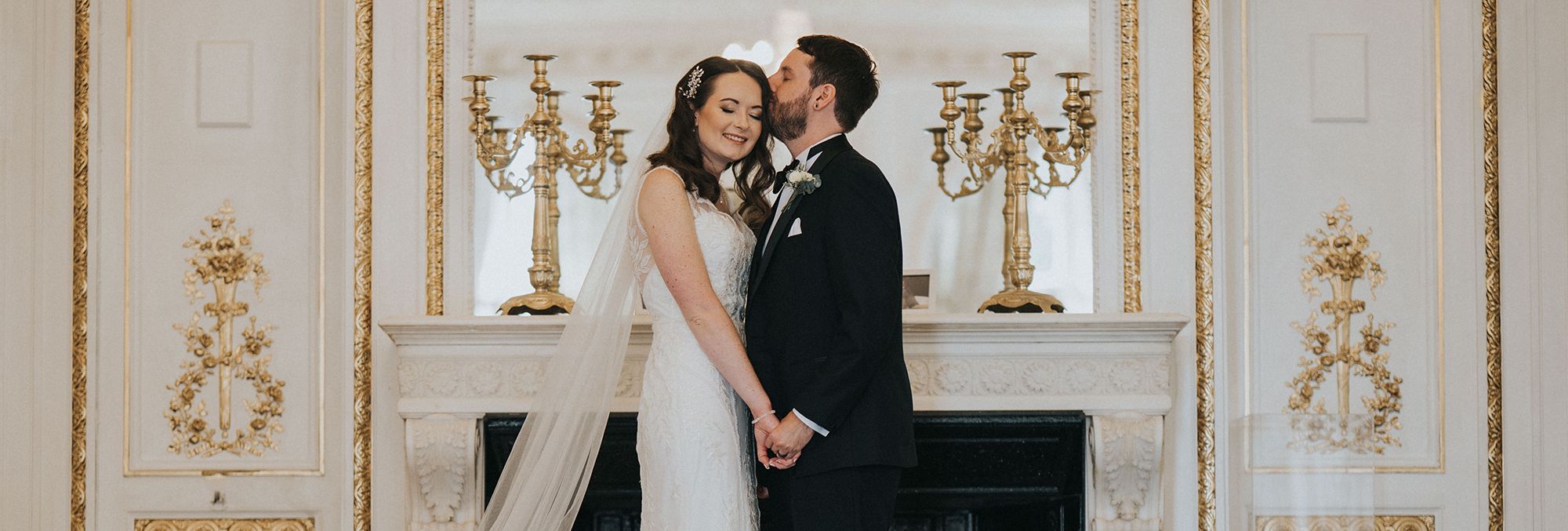 Bride and groom in ballroom