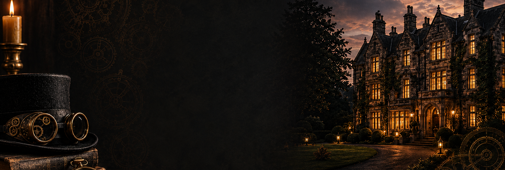Steampunk still life with candle, top hat, goggles and pocket watch beside a grand manor house at dusk