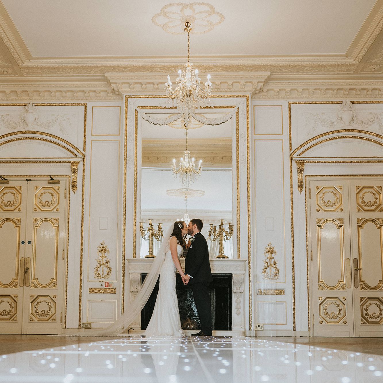 Bride and groom in ballroom