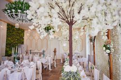 Reception tables set up with white trees