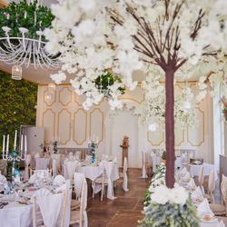 Reception tables set up with white trees