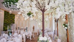 Reception tables set up with white trees