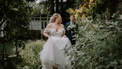 Bride and groom in garden