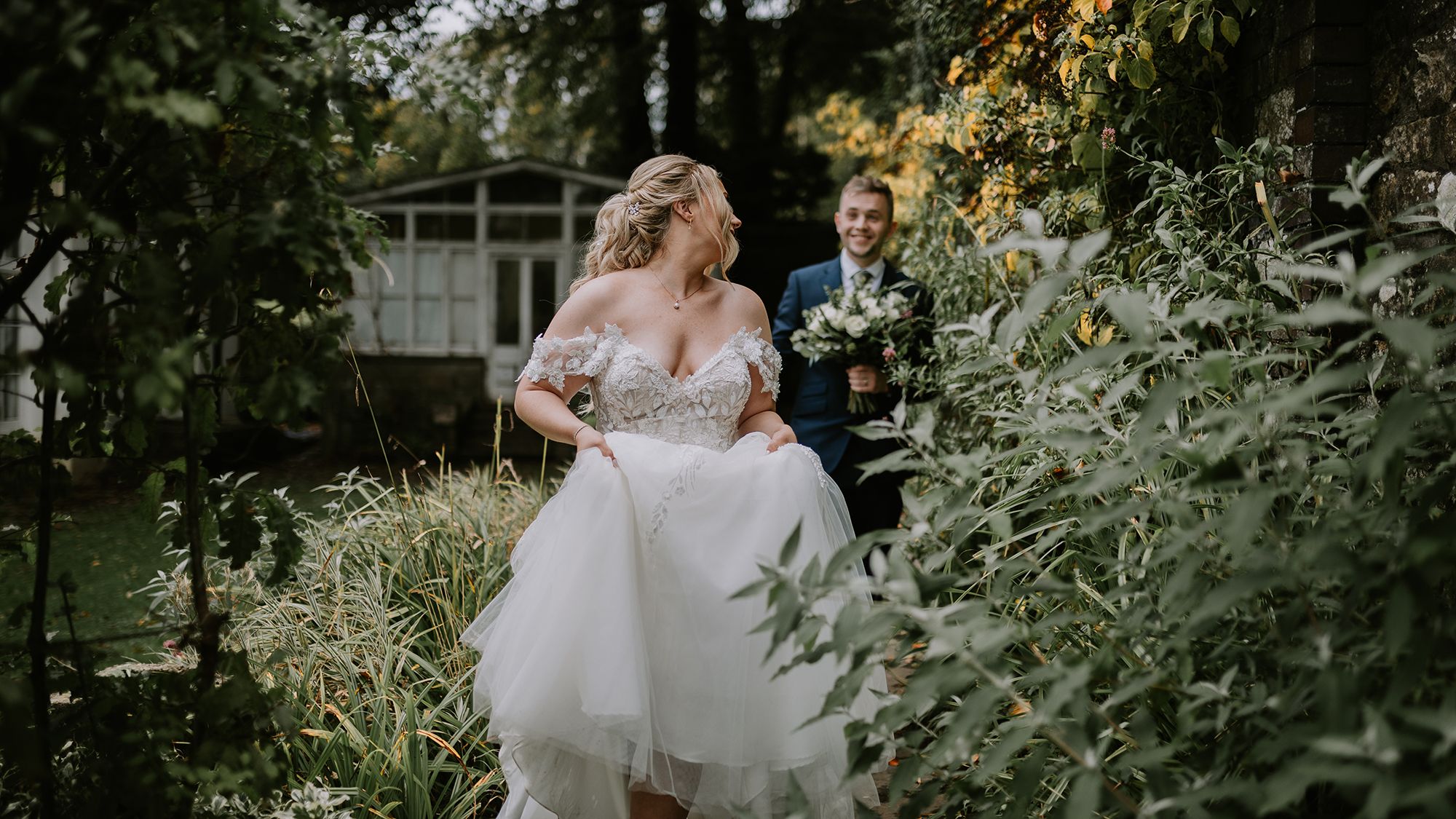 Bride and groom in garden