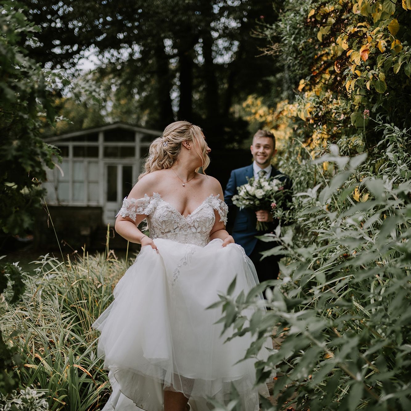 Bride and groom in garden