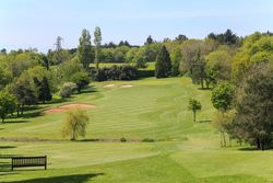 Green golf course with sand bunkers surrounded by trees and a bench in the foreground