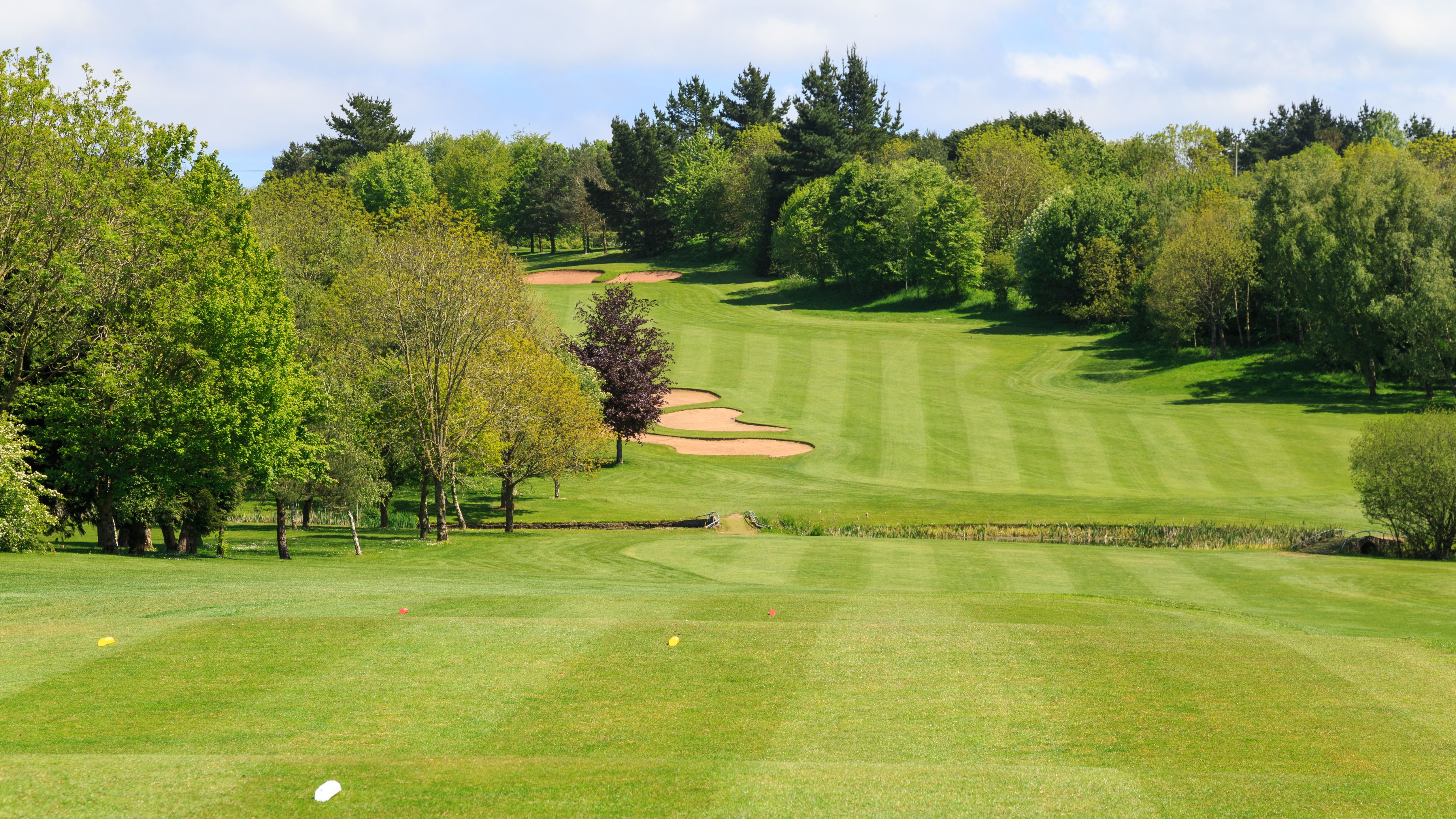 Golf course fairway with sand bunkers and trees