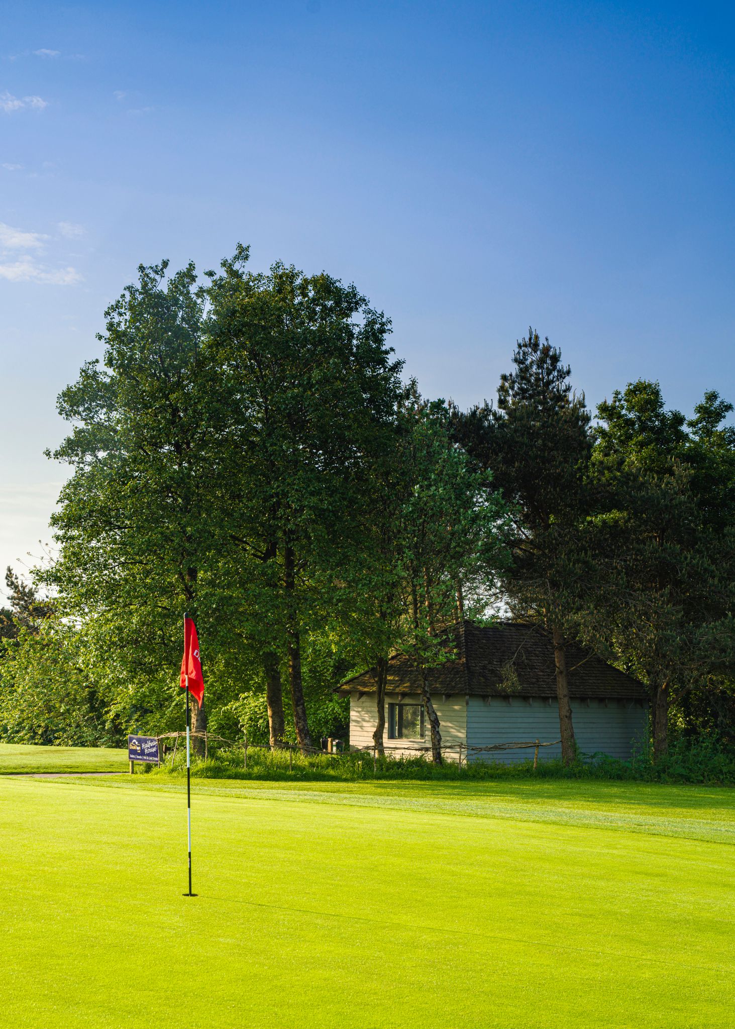 Golf course green with a red flag and a small building among trees in the background