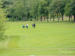 Group of golfers walking on a green golf course surrounded by trees