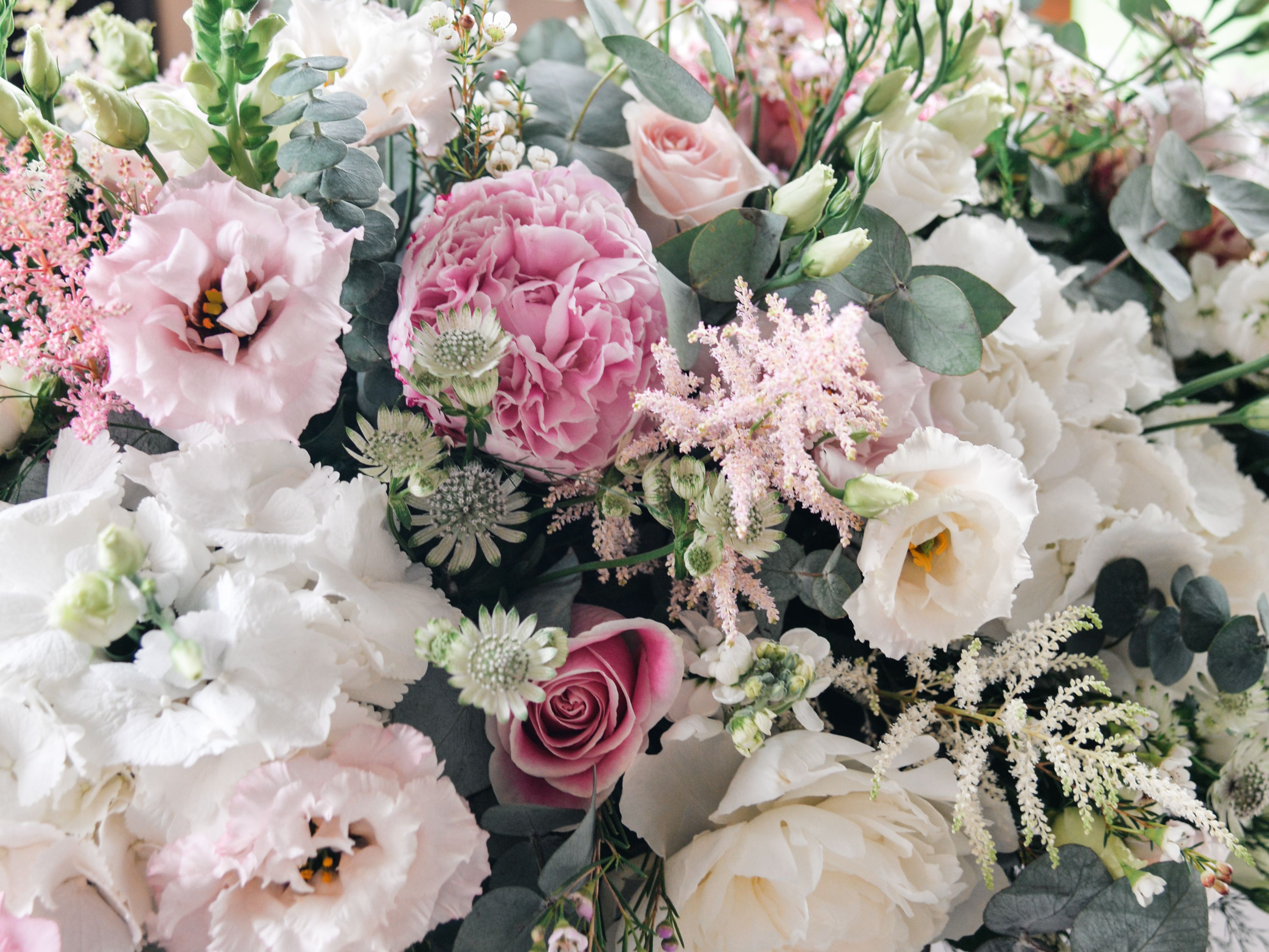 Beautiful arrangement of pink, white, and blush flowers with greenery.