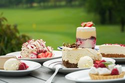 A variety of desserts including cheesecake, trifle, ice cream, and fruit tarts are displayed on plates on an outdoor table with a green field in the background.