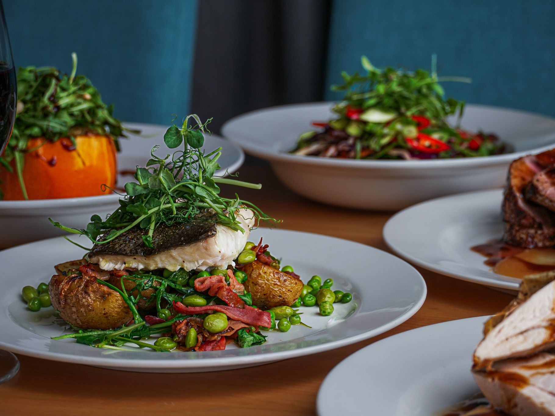 A variety of gourmet dishes served on white plates, including roasted potatoes with greens and fish, a salad with fresh vegetables, and a meat dish with sauce.