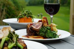 A beautifully plated gourmet meal with roasted meat, green vegetables, potatoes, and sauce, served with a glass of red wine on an outdoor table overlooking a lush green golf course.