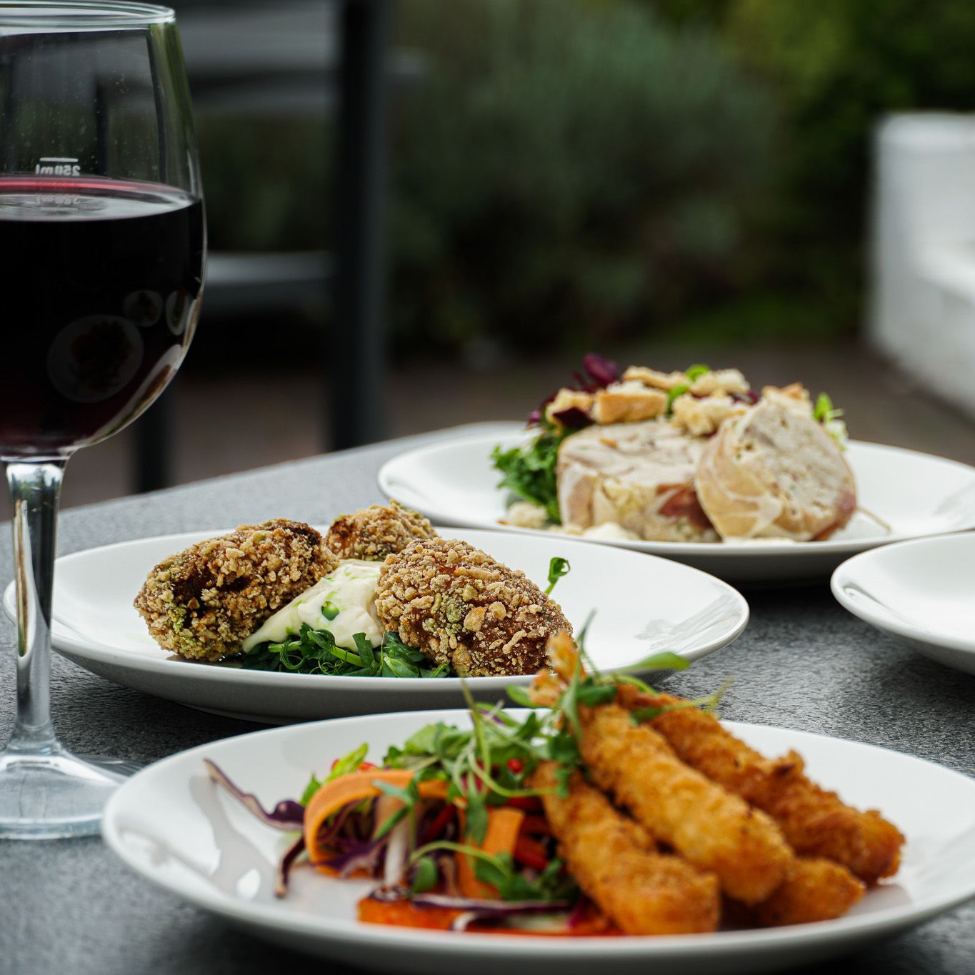 A selection of assorted gourmet appetizers on white plates, accompanied by a glass of red wine, arranged on a dark outdoor table.