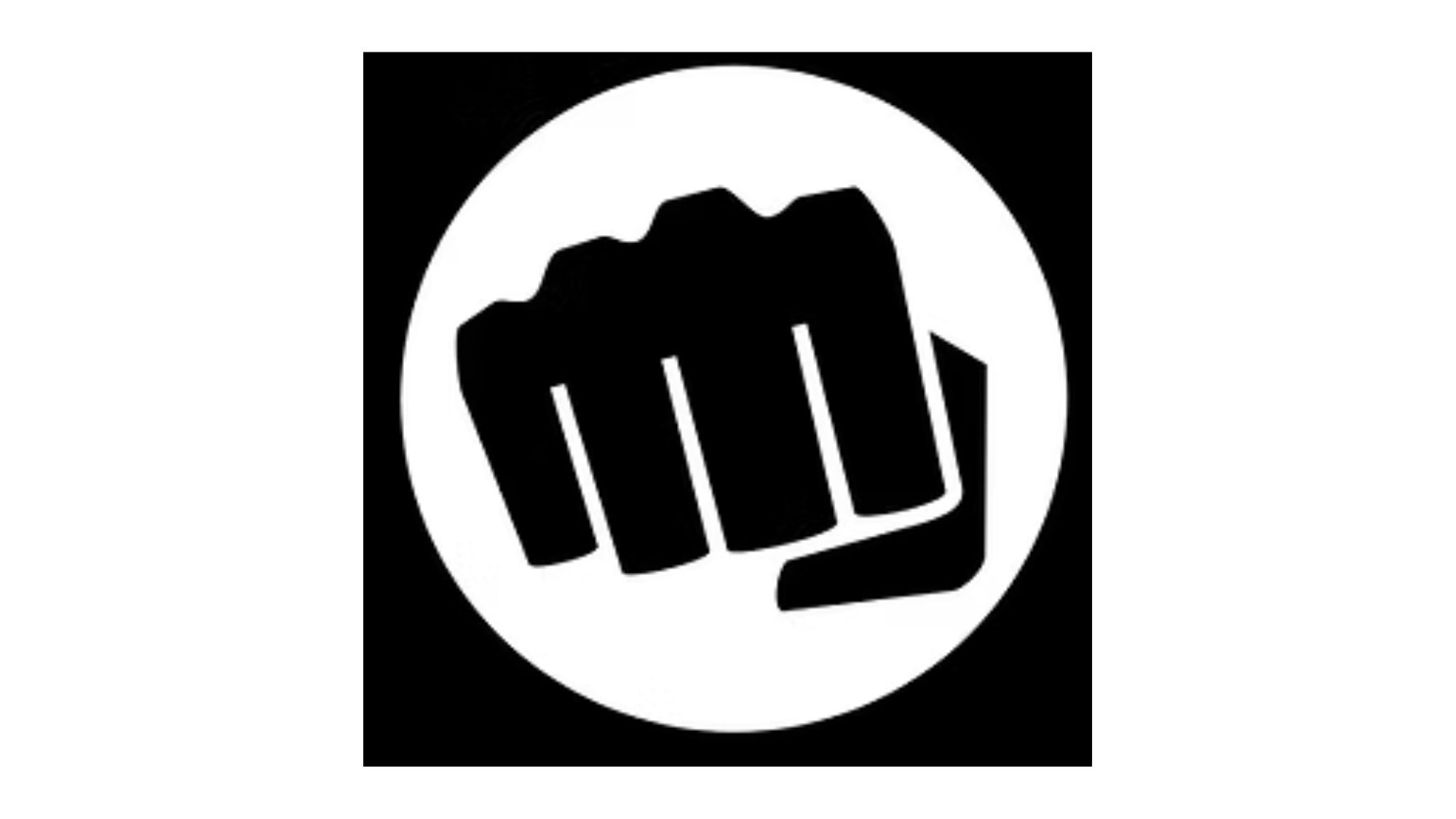 Black silhouette of a fist inside a white circle on a black background