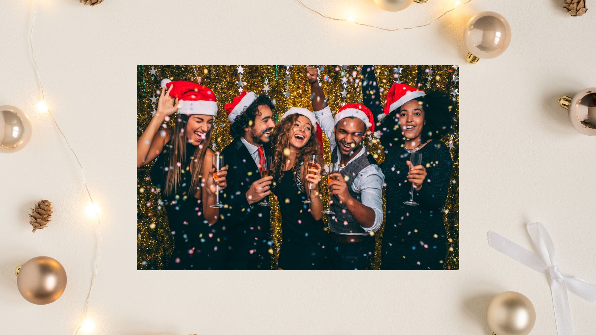 Group of people wearing Santa hats celebrating at a Christmas party with drinks and confetti.