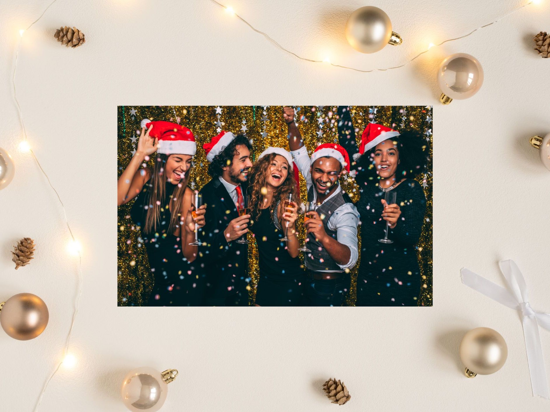 Group of people wearing Santa hats celebrating at a Christmas party with drinks and confetti.