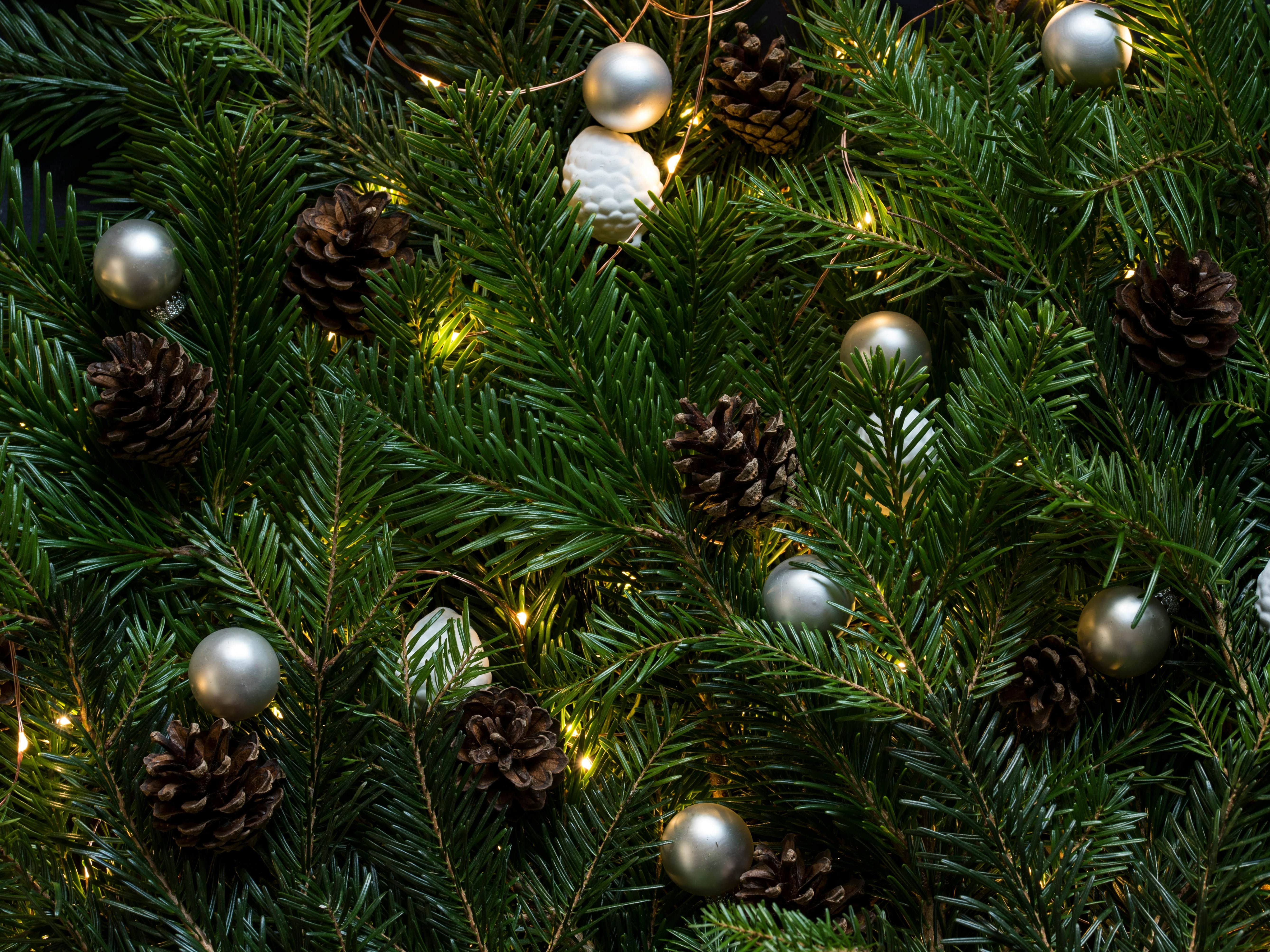 Close-up of decorated Christmas tree branches with pine cones and ornaments