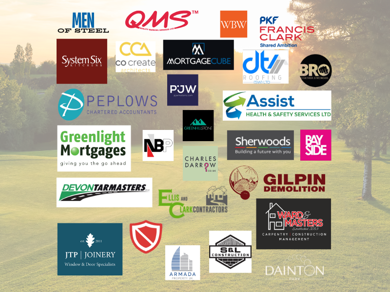 A collection of company logos displayed together on a background of a golf course, representing early bird sponsors.