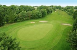 Aerial view of a golf course green with bunkers and surrounding trees