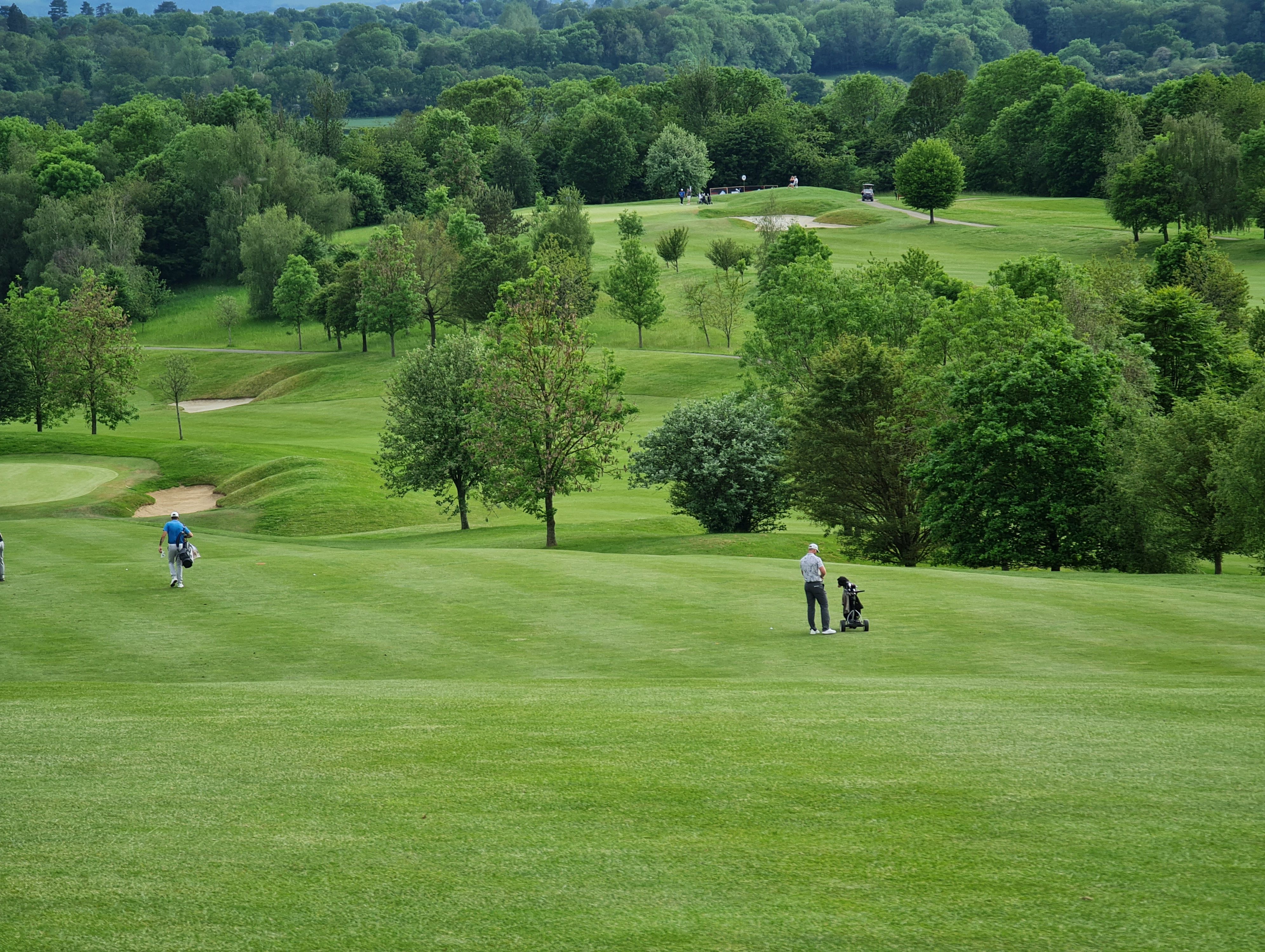 Golfers on a lush green golf course surrounded by trees and rolling hills