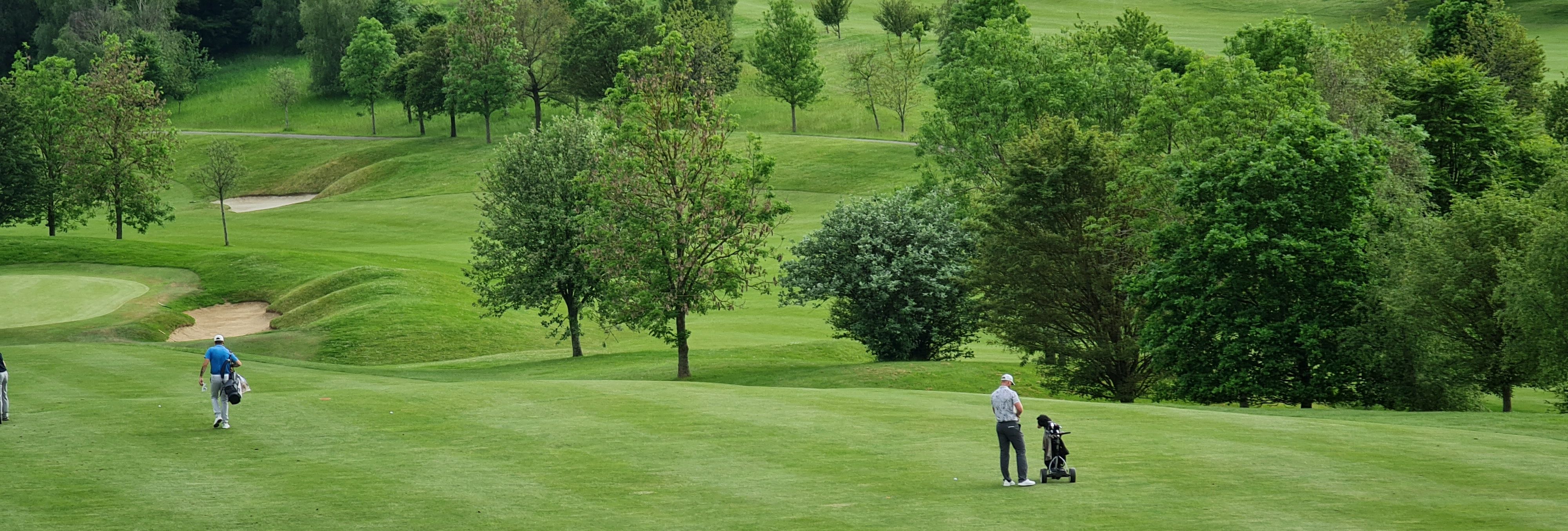 Golfers walking and playing on a lush green golf course surrounded by trees.